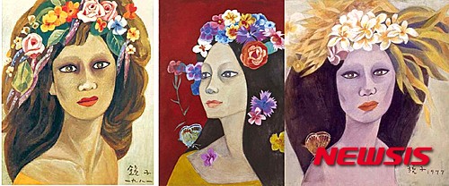 【서울=뉴시스】왼쪽부터 위조범 권○○이 1970년대 말 '미인도'를 그리며 모본(母本)으로 삼았다고 주장하는 천경자 작 '장미와여인'(1981), 우측 '미인도'의 어깨에 있는 나비를 그리기 위해 참고했다는 '고'(1974), 국립현대미술관으로 1980년 4월 이관된 '나비와 여인'(미인도)