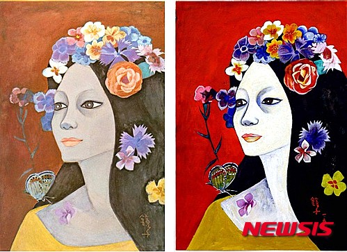 【서울=뉴시스】왼쪽은 천경자 '고'(39×26㎝·1974), 오른쪽은 위조범 권○○이 '고'를 보고 제작한 위품. 위품 3~4점을 원본과 비교하면 진작과 모작이 확연히 구분된다. 권○○은 '고'를 위작해놓고 '미인도'에 나비를 그려넣는 데 참고한 것이라고 착각했을 수도 있다.