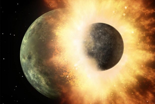 거대 충돌설. 화성만한 천체가 지구를 들이받아 달이 탄생하게 되었다.
