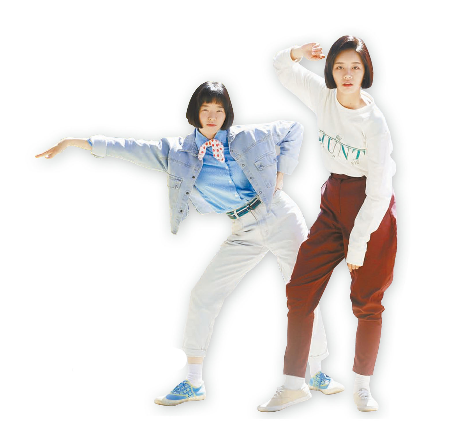 청재킷과 청바지를 매치하는 ‘청청’ 패션, 영문 로고가 찍힌 티셔츠와 디스코바지.