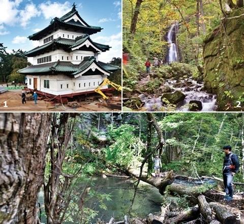 [월간산]1 히로사키성. 해자 축대를 보수하기 위해 옆으로 옮겨져 있다. 2 오이라세계류의 쿠모이(雲井)폭포. 지류에 형성돼 있다.  3 태곳적 원시미를 자아내는 오이라세계류. 장장 14km 길이의 계곡이다.