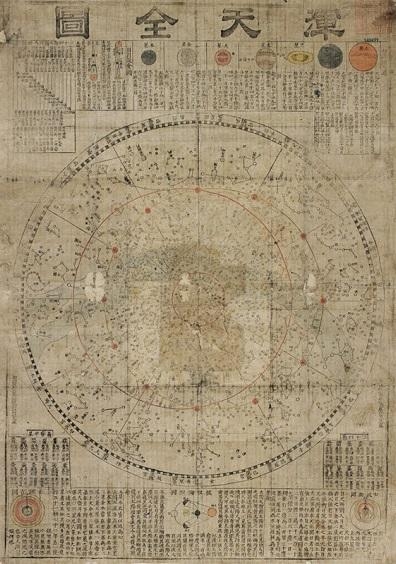 혼천전도(渾天全圖) 서양 천문학의 핵심 내용을 담은 천문도. 지리학자 김정호가 19세기 중엽 ‘여지전도’와 함게 한 쌍으로 제작했다는 설이 유력하다. 필사본과 목판으로 모두 전해질 만큼 대중적으로 널리 보급됐다. 이 천문도는 전통과 서구 지식의 융합, 혼종을 의미하는 상징물이라고 할 수 있다. 별자리 가장자리에는 12궁, 12차, 24절기가 적혀있다. 그림 안에는 적도와 황도, 은하수, 전통 별자리들을 표현했다. 바깥에는 서양천문학 서적에서 두루 인용한 해와 달과 오행성의 형상과 크기, 거리, 공전주기, 일월식의 원리, 프톨레마이오스와 티코 브라헤의 우주모델, 달의 위상변화의 원리 등을 담았다.