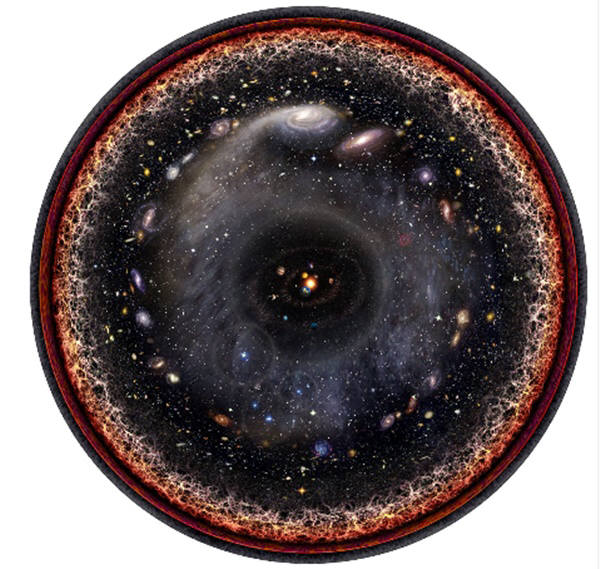 뮤지션 칼로스 버다시가 프린스턴대에서 제작한 지구와 우주 사이의 거리 대수표를 이용해 만든 우주의 모습. 태양계를 중심으로 한 한장의 거대한 원반 모습이다. 사진=칼로스 버다시