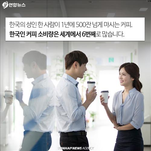 한국의 성인 한 사람이 1년에 500잔 넘게 마시는 커피. 한국인 커피 소비량은 세계에서 6번째로 많습니다.