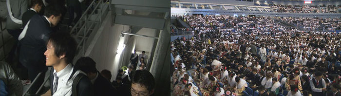 오사카 60층 계단 오르기 성인식(왼쪽) 2만5천 명이 모인 요코하마 성인식(오른쪽)