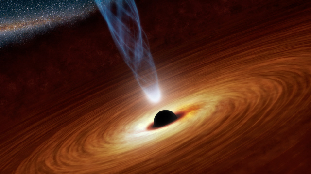 은하계 중심부에 박혀 있는, 태양 질량의 수백만~수십억 배에 이르는 거대질량 블랙홀의 상상도. 블랙홀 주변에서 거대한 회전 원반을 이룬 폭발한 별들의 잔해와 먼지가 블랙홀 내부로 흘러들어가며 열과 빛을 방출하고 있다.