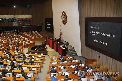 北미사일규탄결의안, 찬성 241표, 기권 7표로 가결(속보) - 연합뉴스