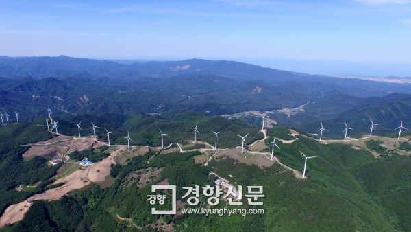 경북 영양군 맹동산에 설치된 풍력 발전기들. 국토가 좁은 한국은 환경 보호를 위해 자연을 해쳐야 하는 딜레마가 있다. / 정지윤 기자