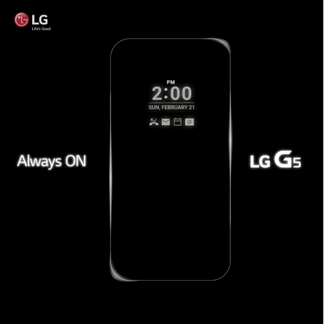 LG전자가 공개한 전략폰 'G5'의 이미지. '올웨이즈온'(always on) 디스플레이를 구현해 메인화면이 꺼져있어도 보조화면으로 시간, 날짜, 문자, 부재중 전화 등을 확인할 수 있다.