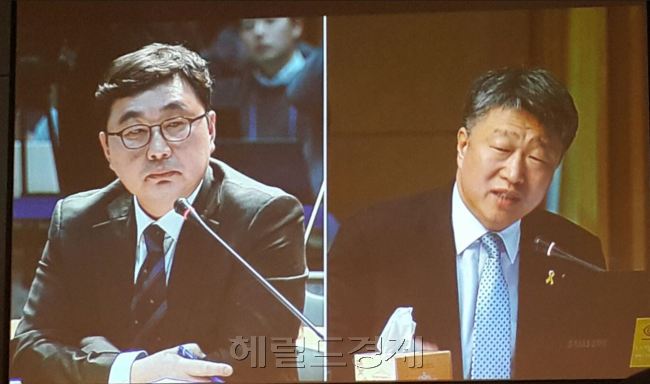 29일 서울시청에서 열린 세월호 특조위 제2차 청문회에서 김현태(사진 좌측) 현 해수부 세월호인양추진단 부단장이 권영빈 특조위원의 질문에 답변하고 있다. 신동윤 기자/realbighead@heraldcorp.com