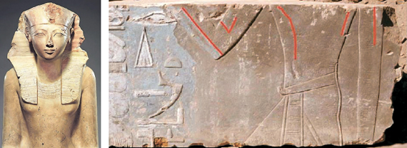 고대 이집트 여성 파라오 하트셉수트의 조각상(왼쪽). 나일강의 엘리판티네 섬에서 여성 모습이 드러난 하트셉수트 유물(오른쪽)이 발견됐다. 독일고고학협회는 “지난주 발견된 유물은 기존의 남장 모습과는 차이가 있다”며 가는 팔과 잘록한 허리 등 여성의 신체로 표현된 부분을 붉은 선으로 표시했다. [사진 독일고고학협회]