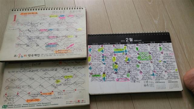 김미란씨의 아버지 고 김명철씨가 몸 상태와 식단 등을 기록한 달력. 2008년 초 건강하던 시기에는 별다른 내용을 적지 않았지만 건강이 악화한 지난해에는 매일 내용이 빼곡하다. “아프고 숨차고 조금만 움직여도 숨이 넘어갈 것 같다”는 김씨의 고통이 그대로 남아 있다. 김미란씨 제공 김미란씨의 아버지 고 김명철씨가 몸 상태와 식단 등을 기록한 달력. 2008년 초 건강하던 시기에는 별다른 내용을 적지 않았지만 건강이 악화한 지난해에는 매일 내용이 빼곡하다. “아프고 숨차고 조금만 움직여도 숨이 넘어갈 것 같다”는 김씨의 고통이 그대로 남아 있다. 김미란씨 제공