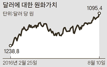 6개월 새 13%..반갑지 않은 원화 몸값 급등 - 중앙일보