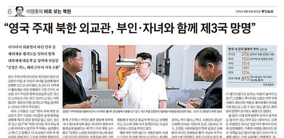 탈북 소식을 가장 먼저 보도한 중앙일보 8월 16일자 지면. [중앙포토, BBC 캡처]