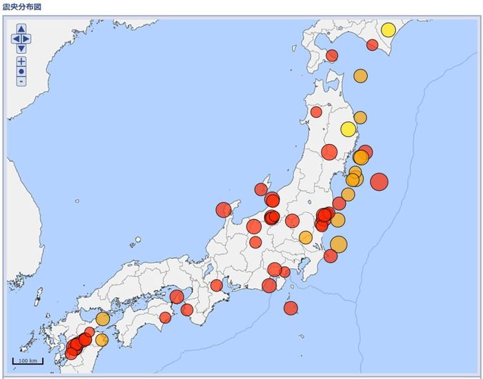 지난 10년간 일본 진도5 이상 지진 64회 분포도