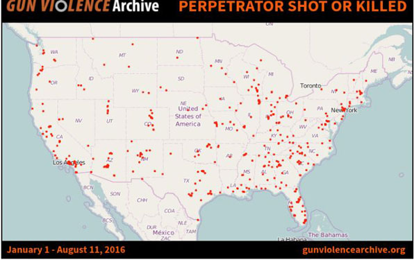 법 집행과정에서 총기 사건이 발생해 사상자가 난 지역을 표시해 놓은 지도. 미국 전역에서 사고가 나고 있음을 보여주고 있다. [사진=GUN VIOLENCE Archive]