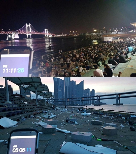 지난 여름 쓰레기장이 된 부산 민락동 수변공원.