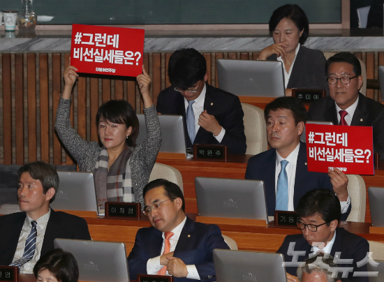 박근혜 대통령이 24일 국회 본회의에서 2017년도 예산안 시정연설을 하는 동안 더불어민주당 이재정 기동민 의원 등이 비선실세 의혹을 제기하는 손팻말을 들고 있다. (사진=윤창원 기자ㅣ)