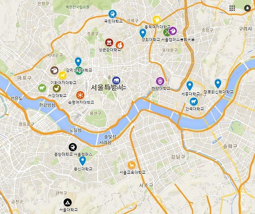 대학생들이 인터넷 구글 지도를 이용해 '최순실 게이트' 시국선언을 발표한 대학을 표시한 모습 [구글지도 캡처]