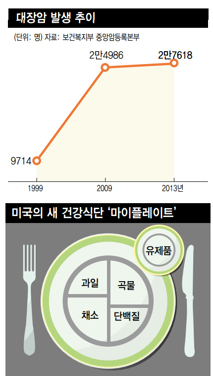 미국 농무부가 2011년 하버드 보건대학원의 연구 결 과를 토대로 만든 영양권장표. ‘마이 플레이트(My Plate)’로 불리는 이 건강 식단은 영양의 절반을 채소 와 과일로 섭취할 것을 강조한 것이 특징이다. 나머지 는 통곡물과 생선 닭 중심의 단백질로 그리고 작은 원 모양의 접시를 만들어 유제품을 채워넣었다.