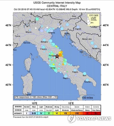 30일(현지시간) 오전 지진이 발생한 이탈리아 중부지역[EPA=연합뉴스]