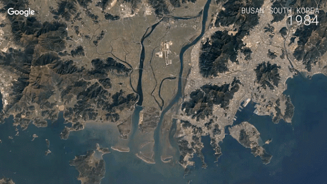(서울=연합뉴스) 구글이 1일 위성지도 서비스 구글어스를 기반으로 한 지구의 타임랩스 영상을 공개했다. 사진은 부산 지역의 타임랩스 영상을 캡처한 것 [구글 제공]