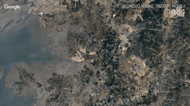 (서울=연합뉴스) 구글이 1일 위성지도 서비스 구글어스를 기반으로 한 지구의 타임랩스 영상을 공개했다. 사진은 송도 지역의 타임랩스 영상을 캡처한 것 [구글 제공]