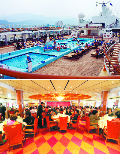 11층 갑판 위에 갖춰져 있는 수영장(위)과 이탈리아 음식을 주로 제공하는 5층의 정찬 레스토랑의 모습이다.
