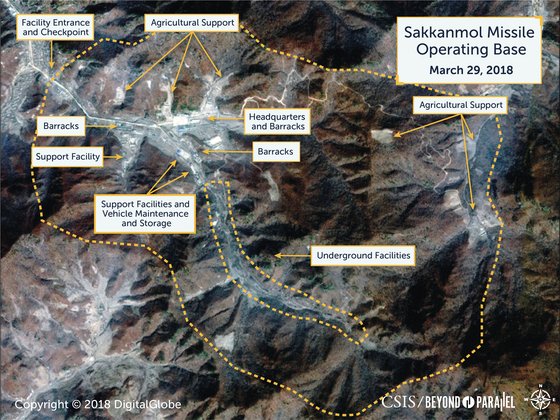 CSIS가 11일 발표한 북한의 삭간물 미사일 기지 관련 보고서에 나오는 삭간몰 위성사진