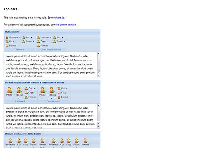 http://js.curlybracket.de/examples/buttongroup-ribbonstyle/toolbars.html