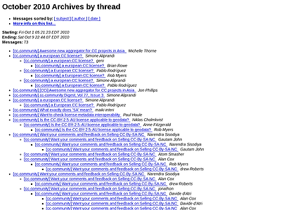 http://lists.ibiblio.org/pipermail/cc-community/2010-October/thread.html
