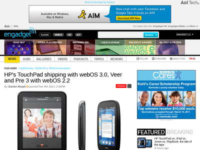 http://www.engadget.com/2011/02/09/hps-touchpad-shipping-with-webos-3-0-veer-and-pre-3-with-webos/