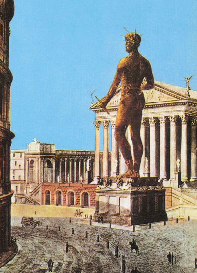 콜로세움과 네로황제의 거대한 동상(콜로소)이 함께 서 있던 시기의 복원도