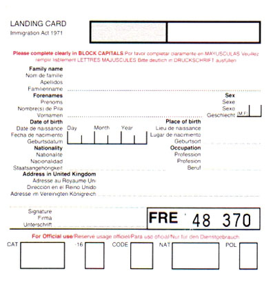 영국 입국 카드(Landing Card)