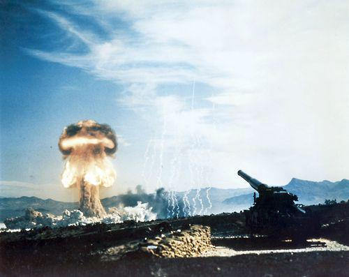 1953 A 15 kiloton nuclear weapon detonates about 10 km from the cannon it was fired from Nevada Test Site May.jpg