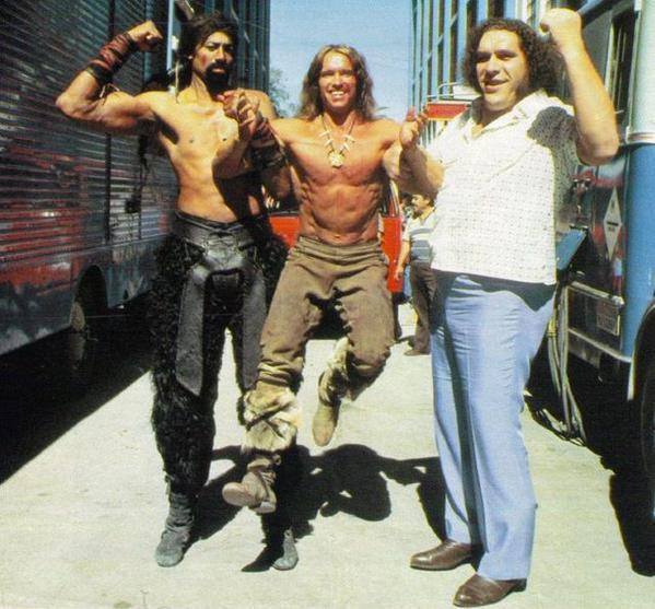 1982 Wilt and Andre the Giant taking a 6'2 Arnold Schwarzenegger for a stroll.jpg