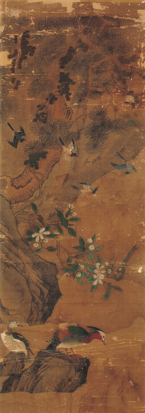 「물가의 원앙(溪流鴛鴦)」, 전 이명윤, 비단에 채색, 152.7×55.0cm, 16세기, 국립중앙박물관