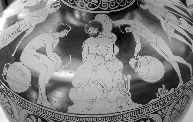 아르고 호의 영웅들에게 결박당한 아미코스 왕, BC 425-400년경의 도기 그림