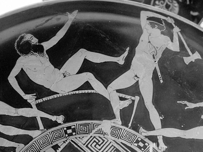 프로크루스테스와 싸우는 테세우스, BC440-430년경의 도기 그림