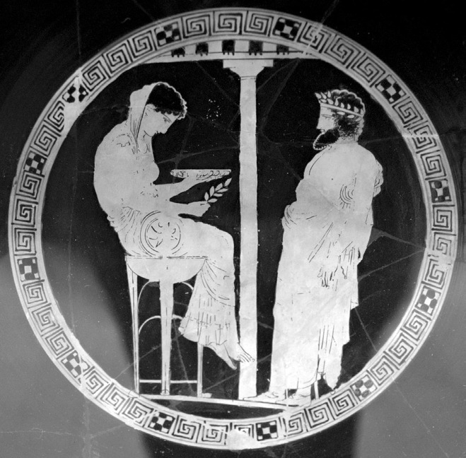 피티아와 아우게이스, BC 440-430년경의 도기 그림