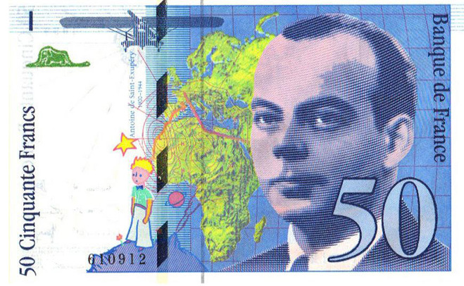 1997년 프랑스에서 발행된 생텍쥐페리와 어린 왕자가 새겨진 지폐