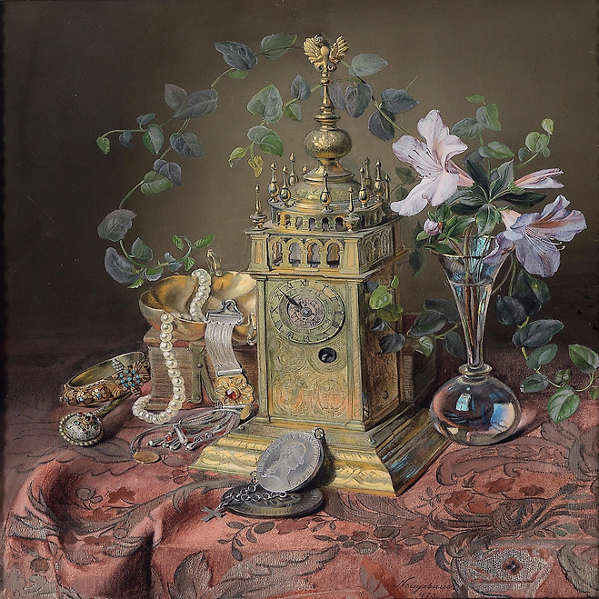 요제프 노이게바우어, 〈시계와 정물〉, 1873