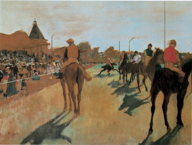 드가, 〈관중석 앞의 경주마들〉, 1866~68년경, 캔버스에 유채, 46×61cm, 프랑스 파리 오르세 미술관