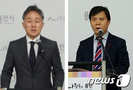 표창원 비대위원(왼쪽)과 김종희 예비후보의 기자회견 모습© News1
