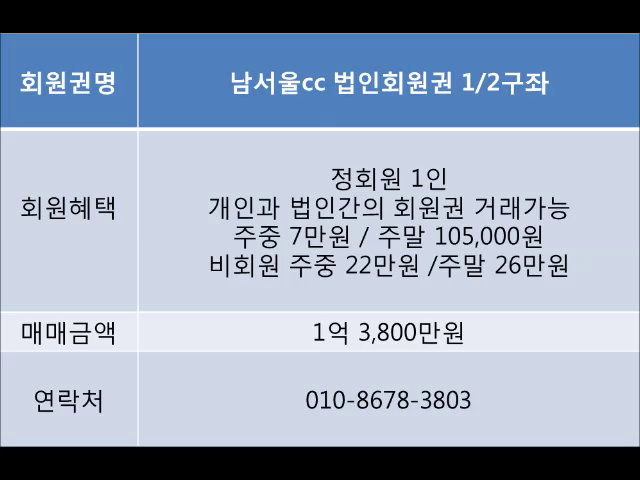 남서울cc 법인회원권 반구좌 동부회원권거래소 010-8678-3803 - kakaoTV 남서울cc 법인회원권 반구좌 동부회원권거래소 010-8678-3803