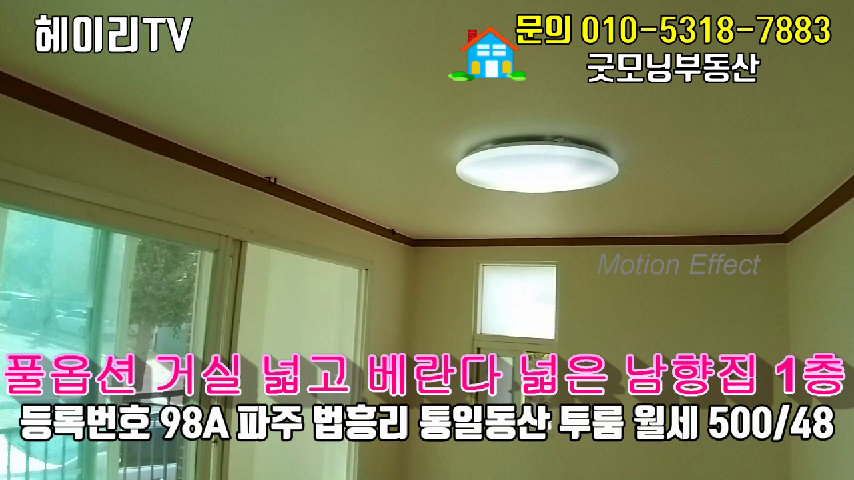 파주 맥금동 투룸 인접 법흥리 통일동산 전원주택단지 내 풀옵션 거실 넓은 남향집 20평형 투룸 임대