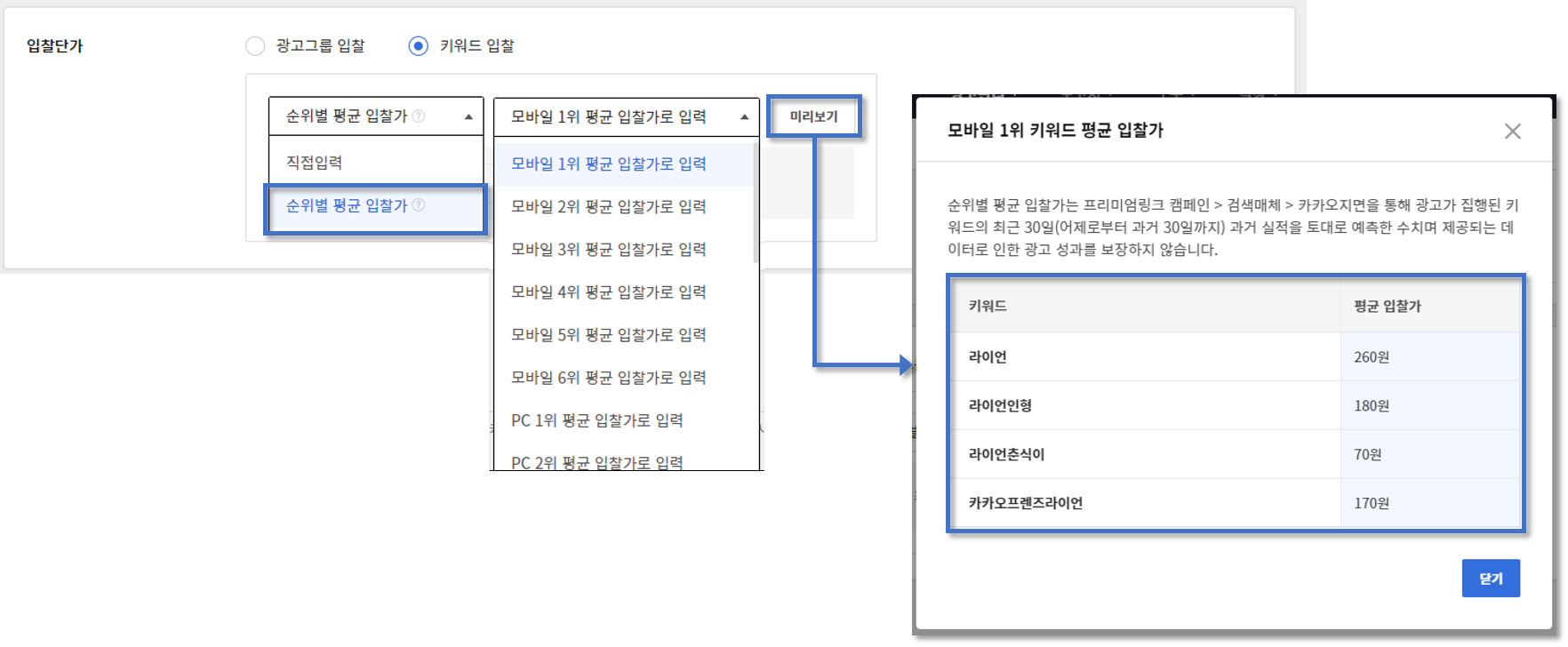 입찰단가 영역내 키워드입찰 항목 체크 후 순위별 평균 입찰가 선택, 모바일1위 평균 입찰가로 입력 선택, 미리보기 버튼 클릭후 모바일1위 키워드 평균 입찰가 키워드 리스트 확인 팝업창 표시 화면