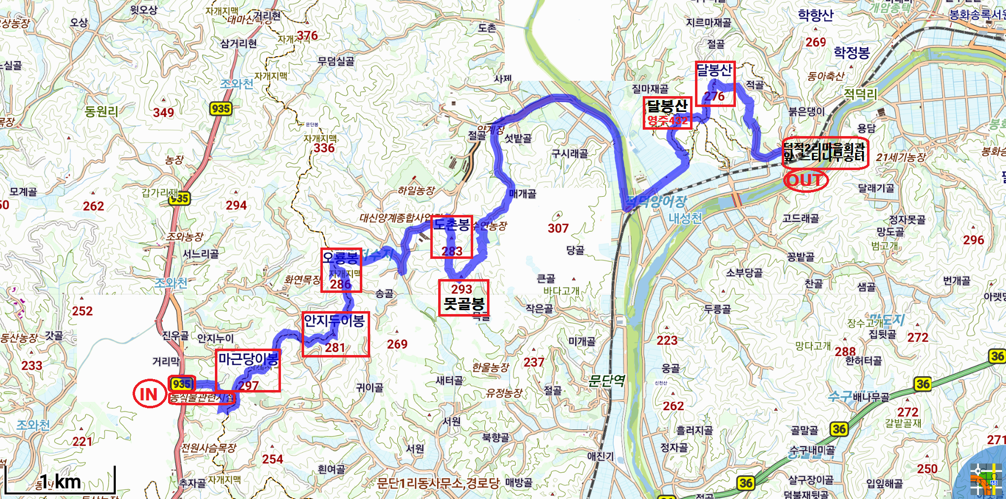 마근당이봉(297)안지두이봉(281)오룡봉(286)도촌봉(283)못골봉(293)달봉산(265)달봉산(276)/경북봉화 - 경상도 - 안드로이드 gps... 