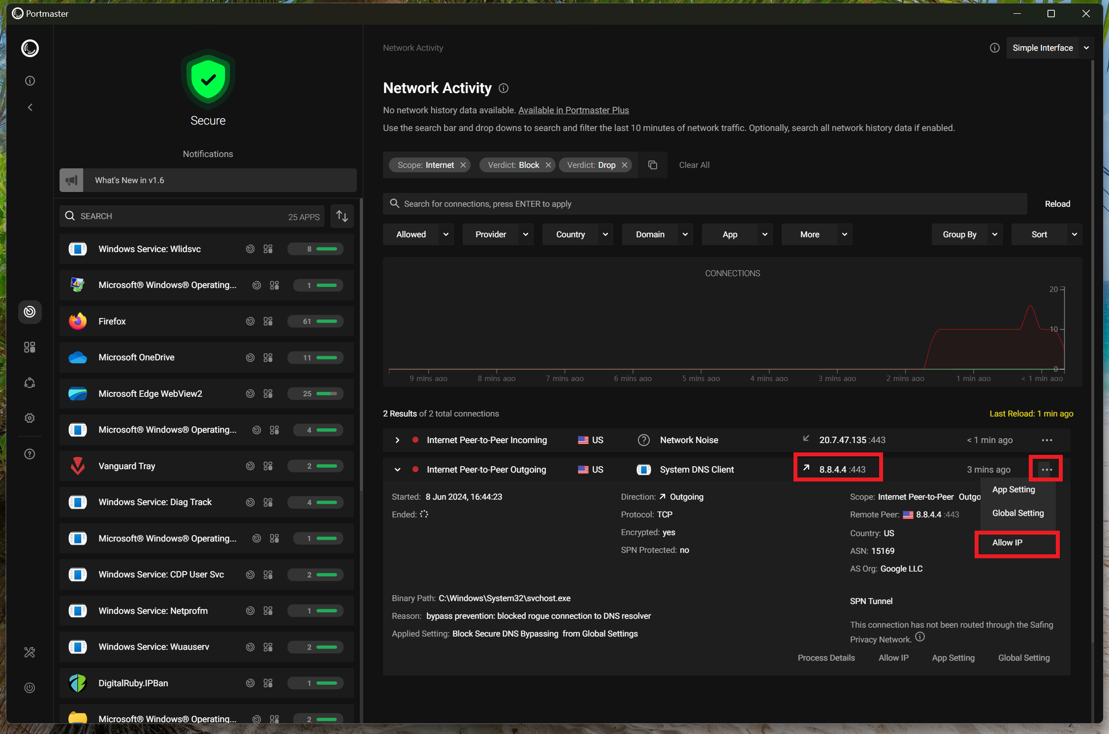 Portmaster 초기설정 구글 dns 허용 무료 방화벽 무료 방어벽 - 보안off - 간단유틸