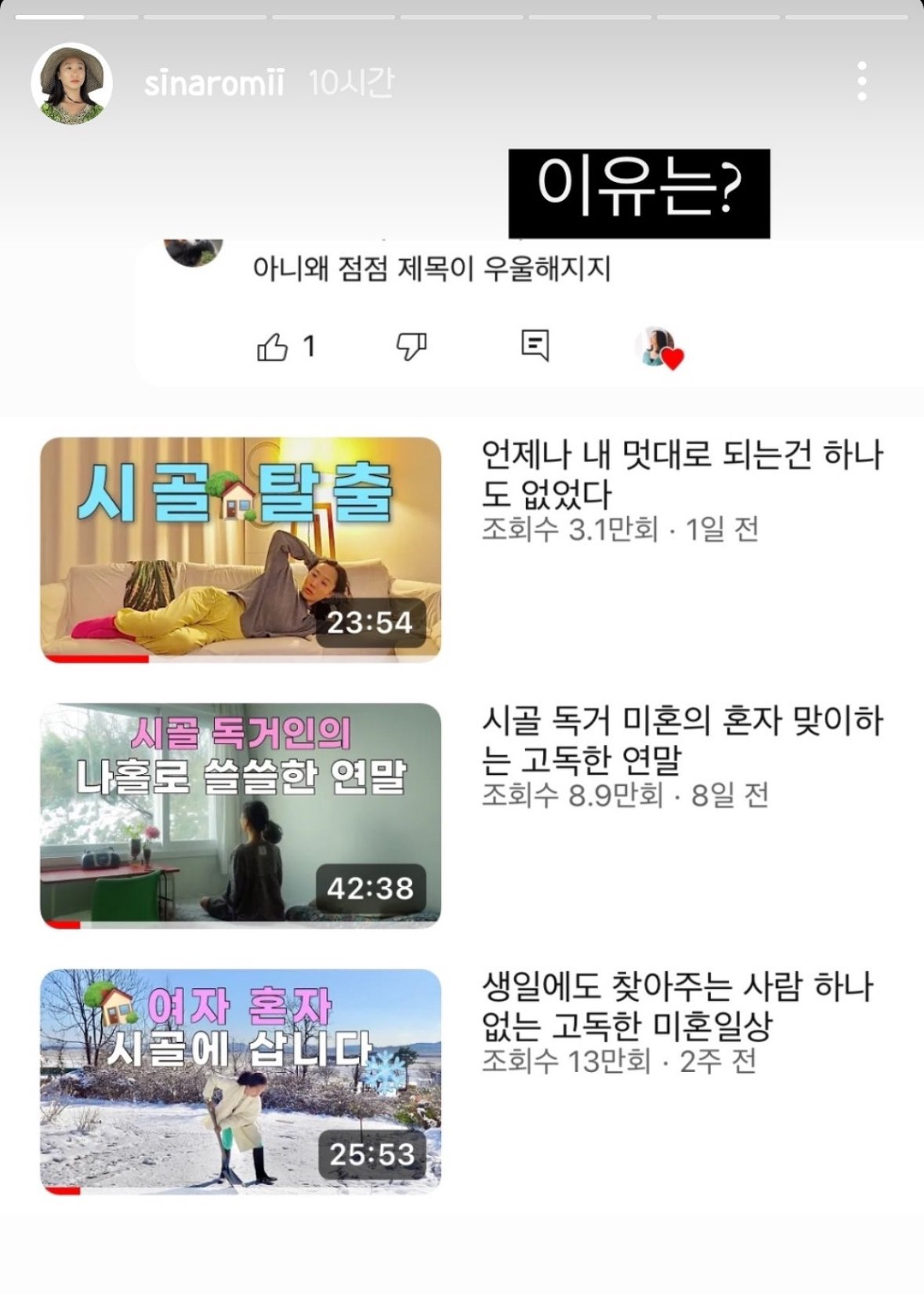 제목이 왜 점점 우울해지냐는 댓글에 답변한 미혼 여성 유튜버...jpg | 인스티즈